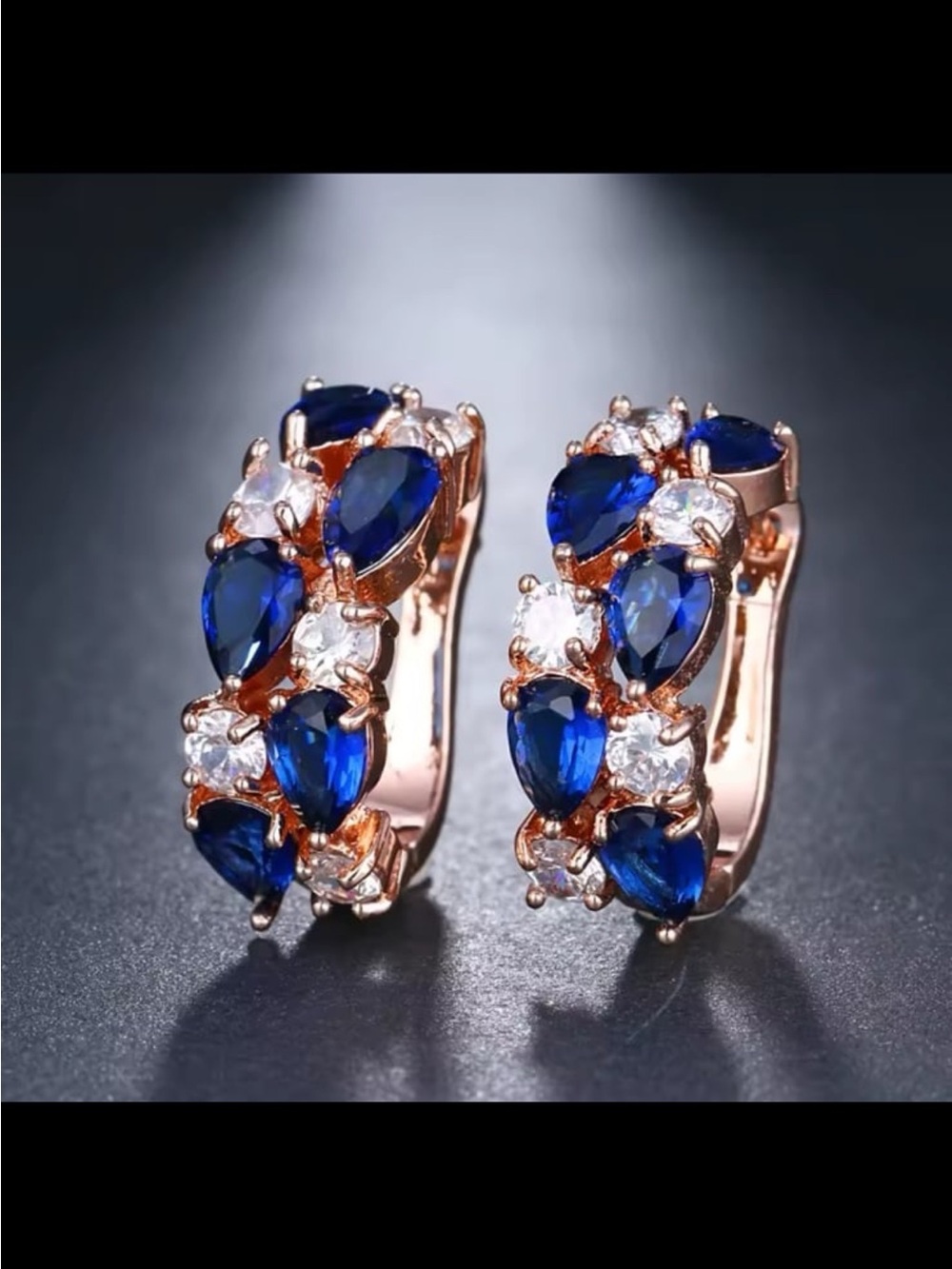 925 stamped on Rosegold hoops with sapphire clear swarovski elements monalisa
